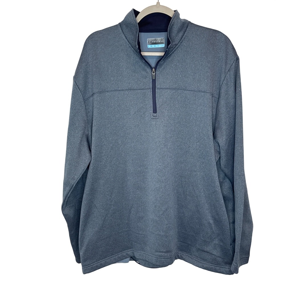 PGA Tour‎ Mens XL Quarter Zip Pullover Blue Grey Textured Golf Sweater Long-Slv